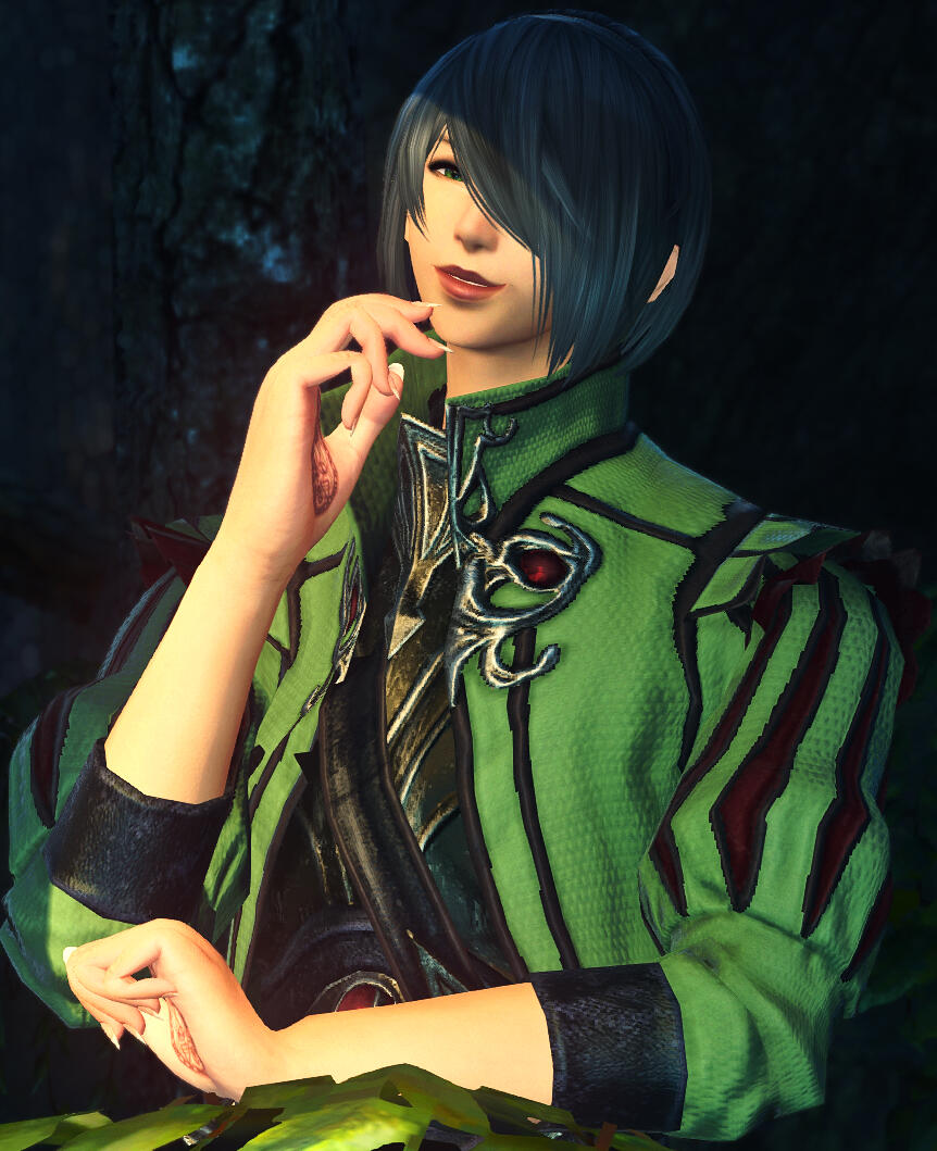 A close up of Oliviede Ebrelnaux, with her ebony bob hiding her tapered ears