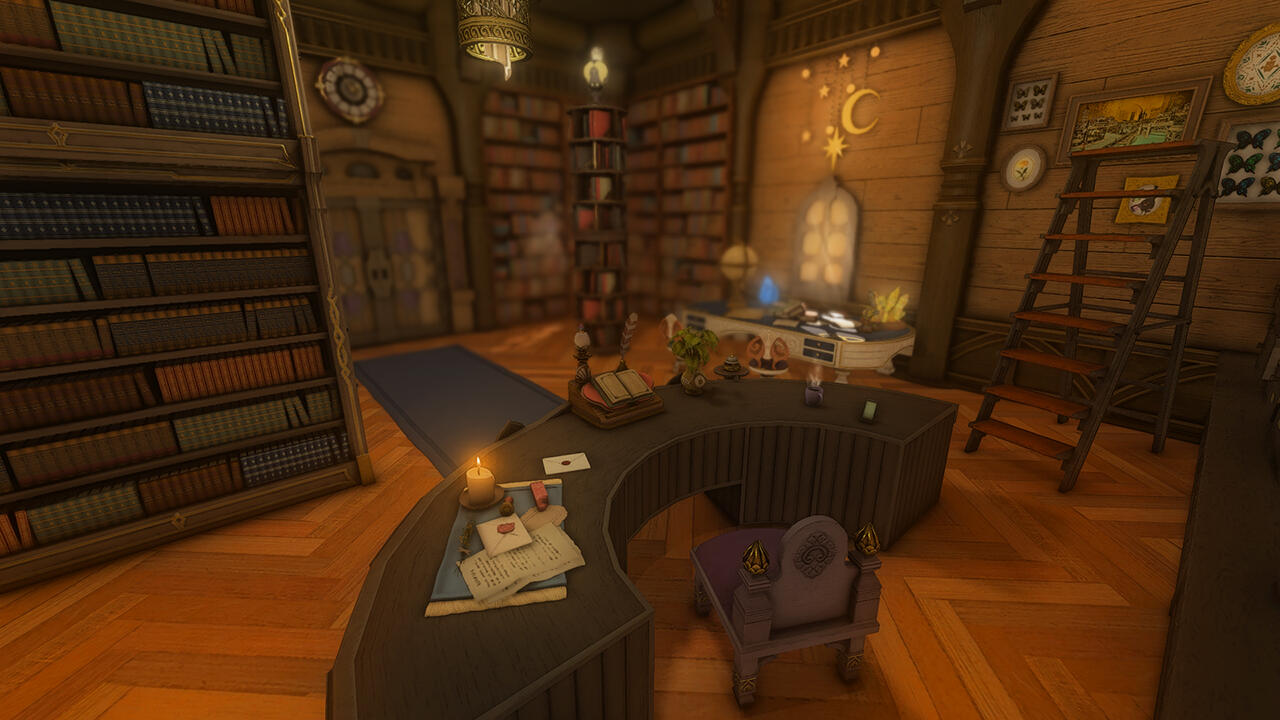 Cyfrenne's place of work, A library known as The Slanted Shelves.